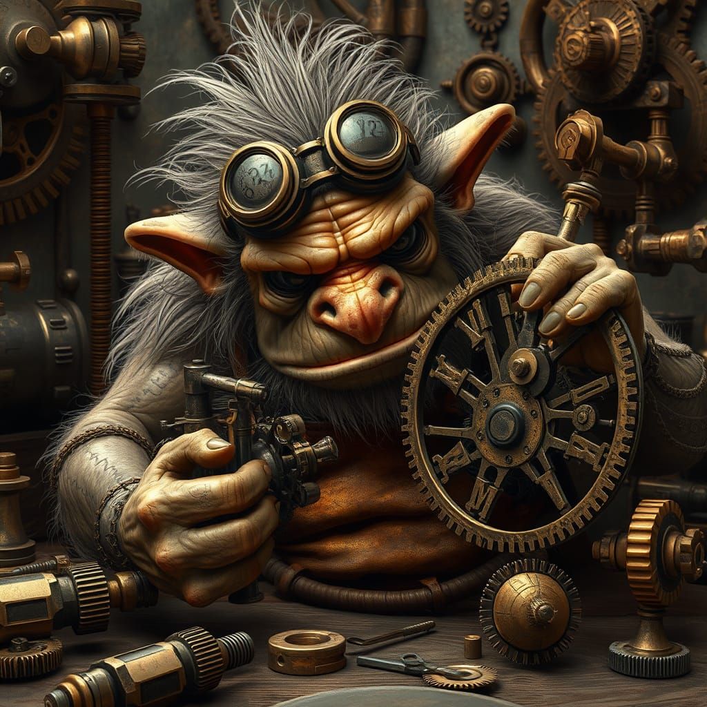 Steampunk Troll Repairs Clockwork Contraption