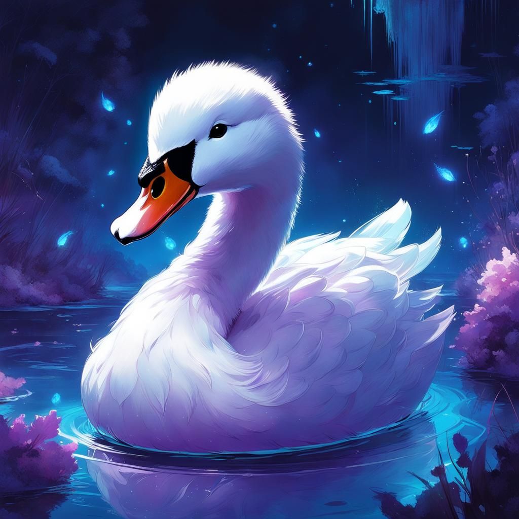 Adorable Chibi Swan on Bioluminescent Lake