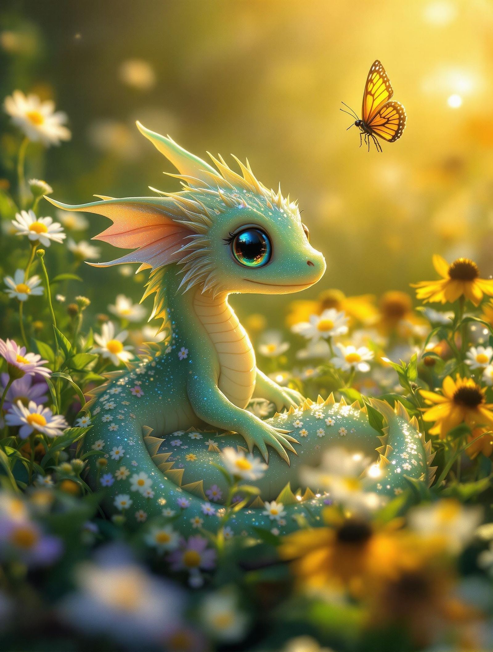 Whimsical Dragon Hatchling in Sunlit Wildflower Meadow