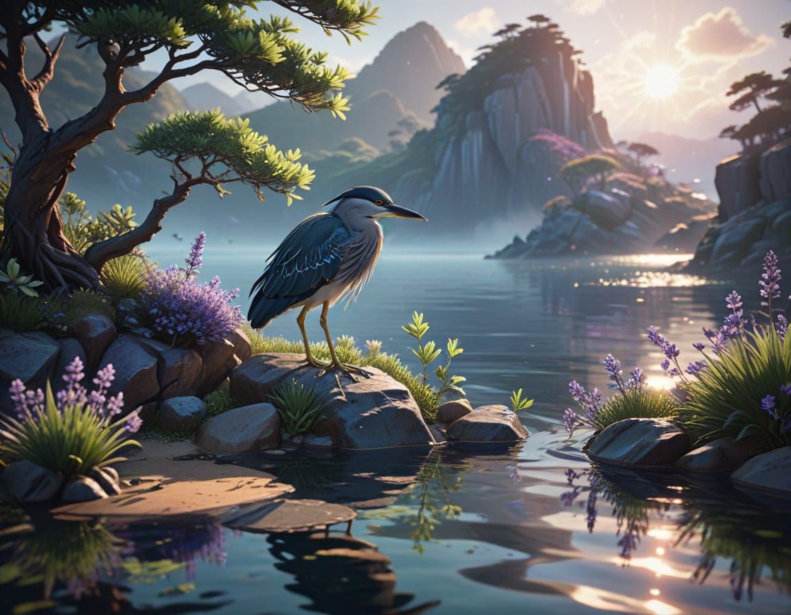 Night Heron by Reflective Pond: Anime Art