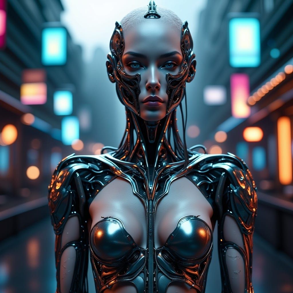 Cyborg in Neon Cityscape: Human and Machine Blend