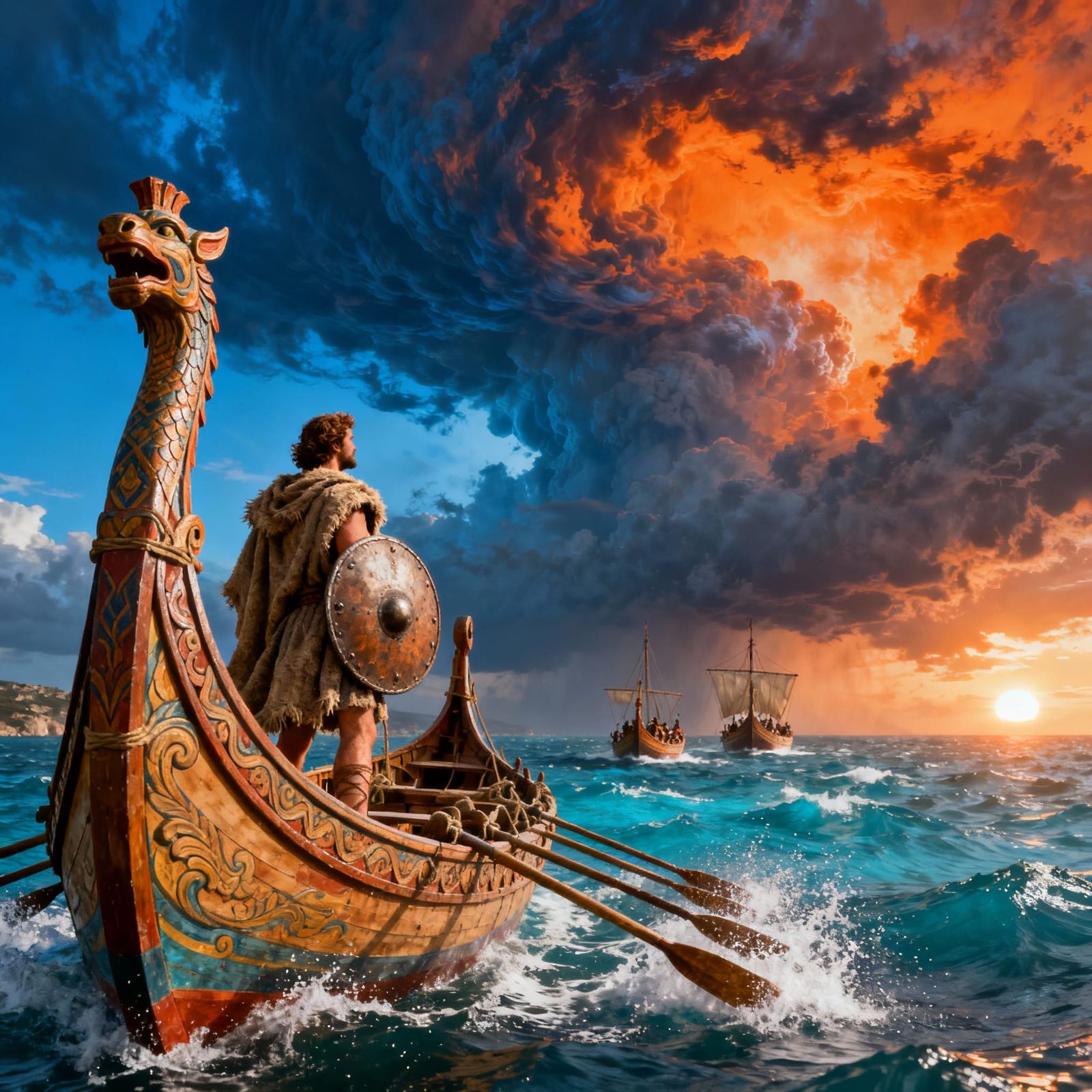 Odysseus Navigates Aegean Sea in Cinematic Style