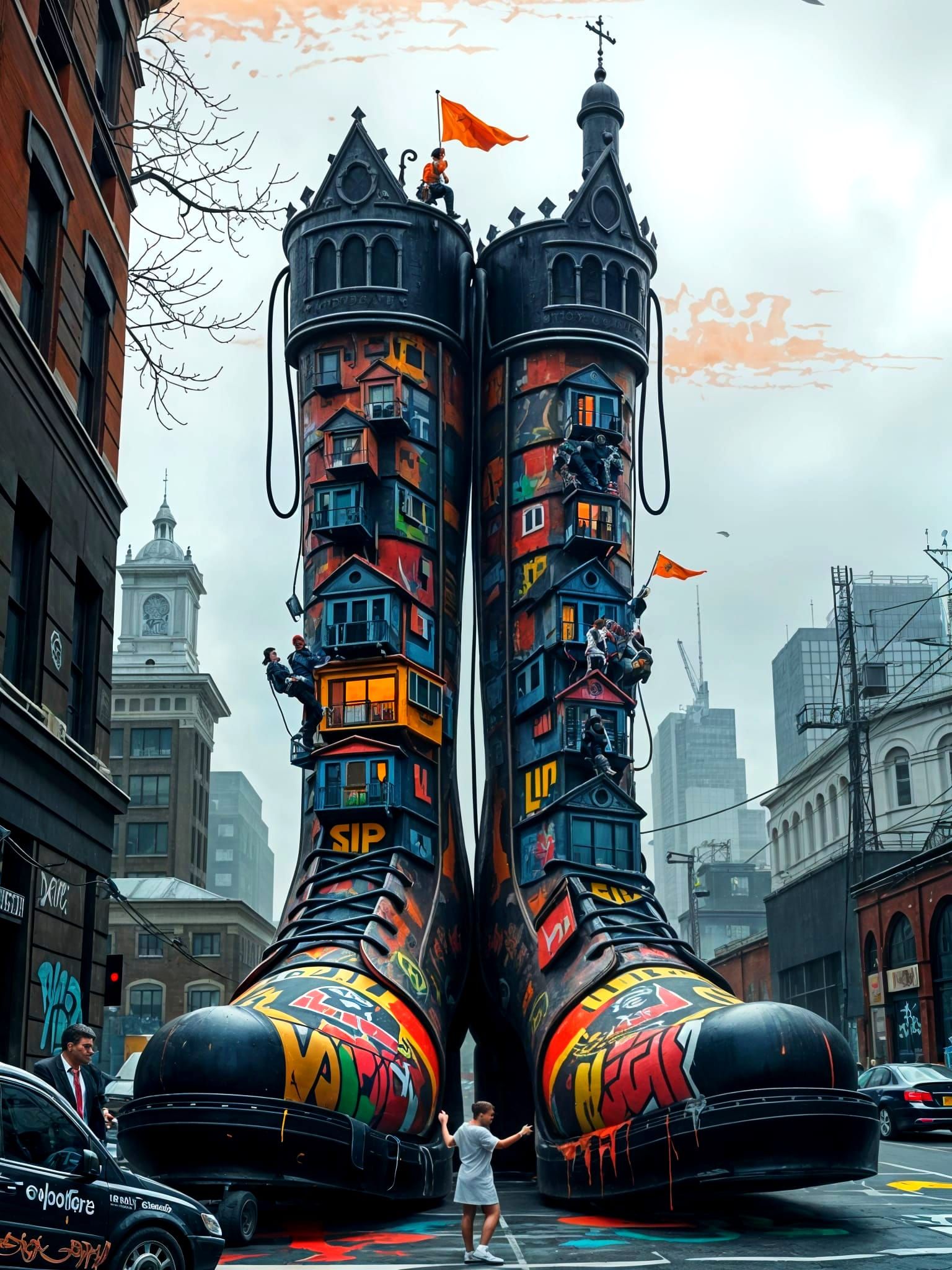 Giant Gothic Boots as Skyscrapers with Tiny Graffiti Art