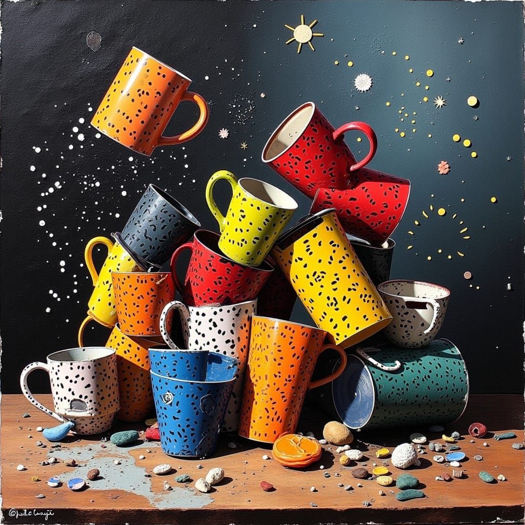 Textured Impasto Painting of Broken Cups