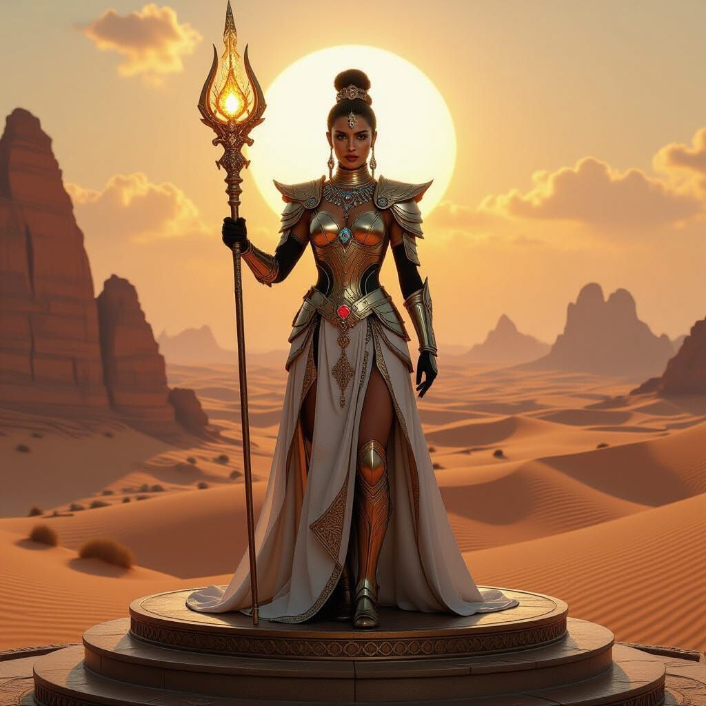 Regal Empress in Futuristic Armor on Alien Victory Podium