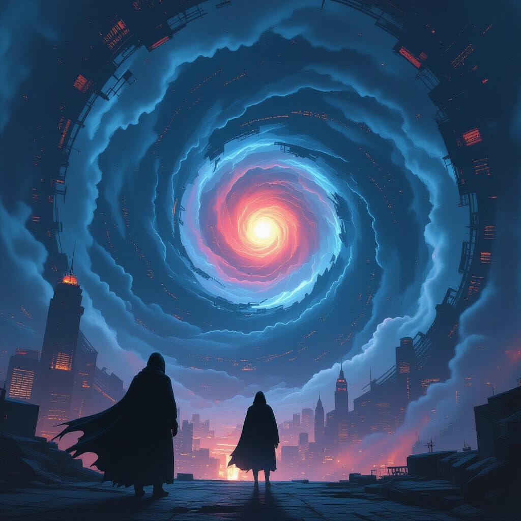 Surreal Figure Gazes into Spiraling City Chasm