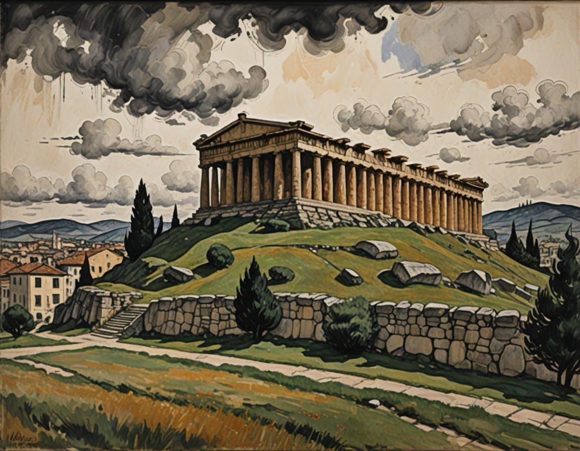 Vintage Parthenon Rendering in Meticulous Ink Detail