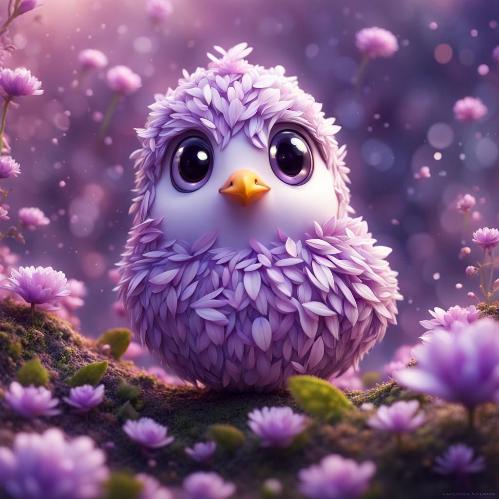 Adorable Purple Petal Bird: Hyperrealistic Fantasy Artwork
