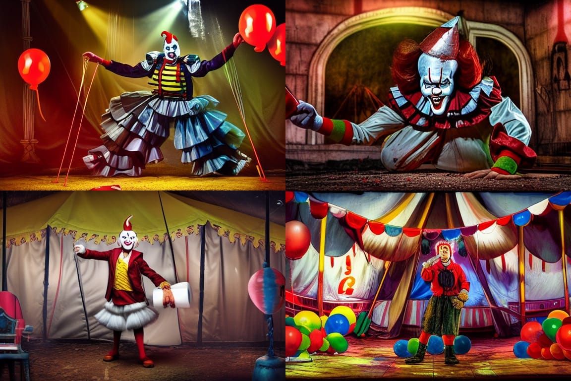 [(Pennywise the clown juggling chainsaws under the circus big tent)]; storybook illustration :: a masterpiece :: epic ::...
