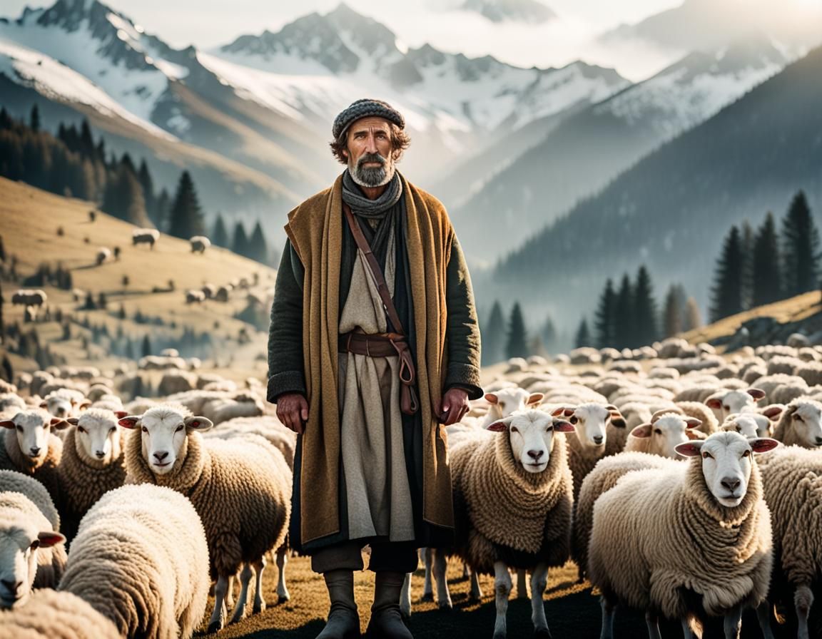 Sheepherd in High Mountains: Vintage Cinematic Photograph