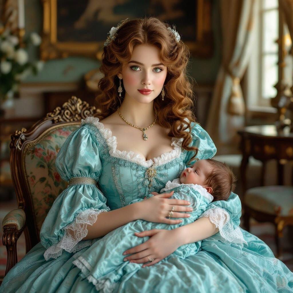 Edwardian Heiress with Baby in Opulent Castle Drawing Room