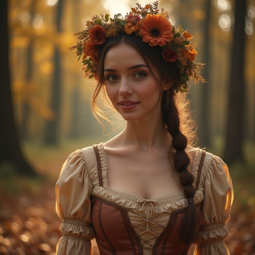Elegant Lady in 18th Century Gown Amidst Autumn Splendor