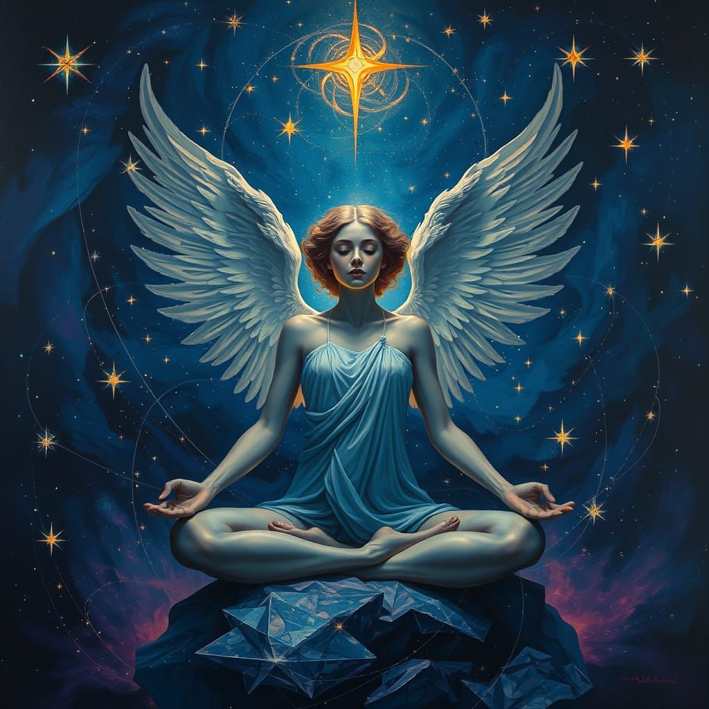 a dark-colored oil painting with a beautiful angel in the center surrounded by vibrating stars in a spiritual style of s...