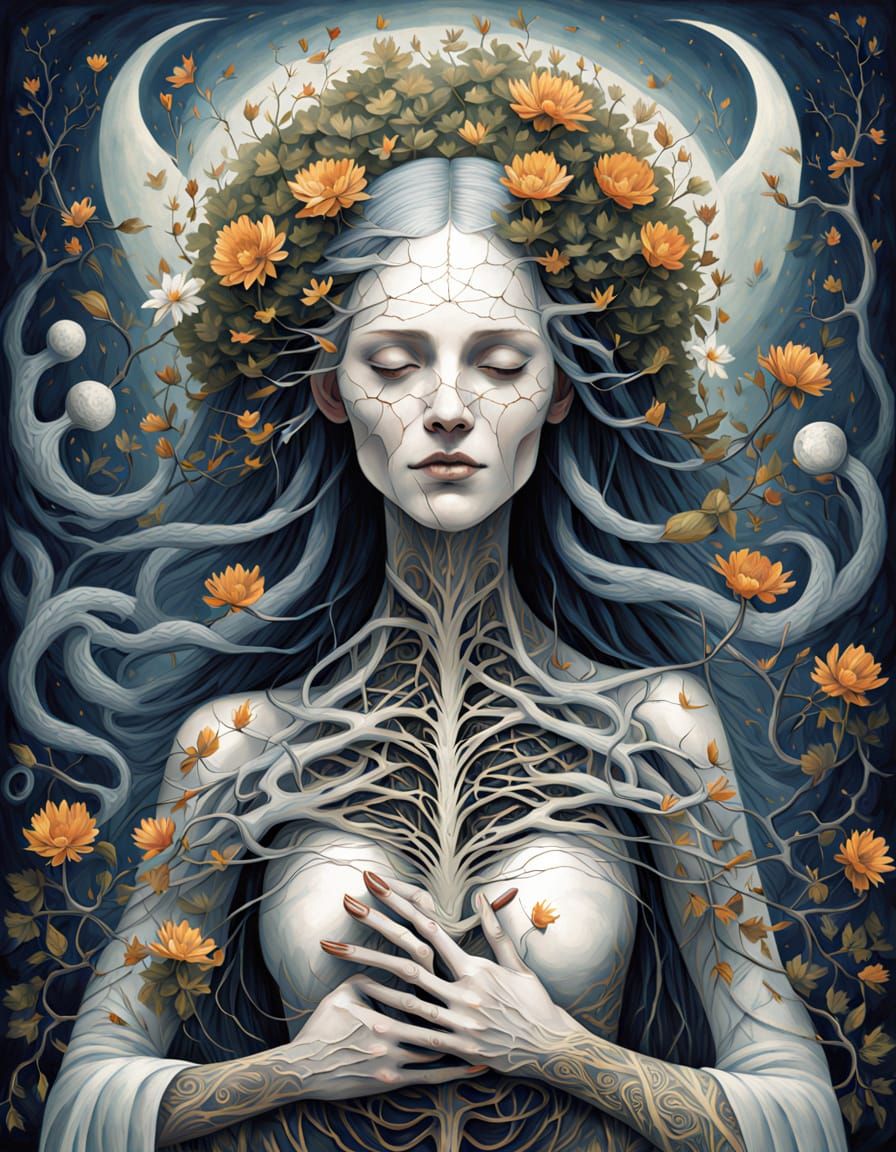 Surreal Triple Goddess Portrait in Harmonious Ritual