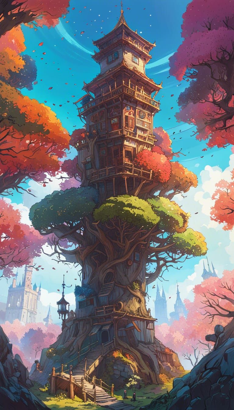 Magic Tower on Ancient Tree: Fantasy Landscape