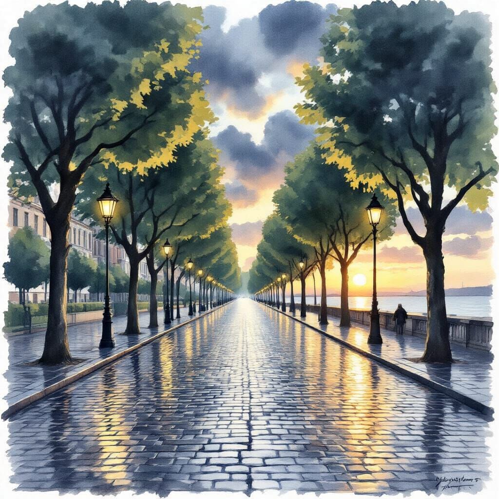 Cobbled Avenue at Sunset After Rain in Watercolor