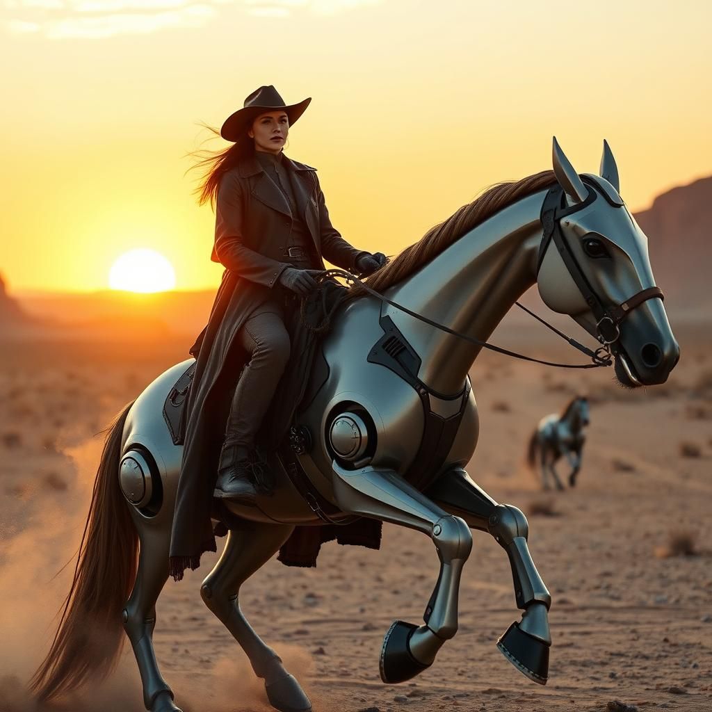 Bionic Cowgirl Rides Robot Horse at Sunset