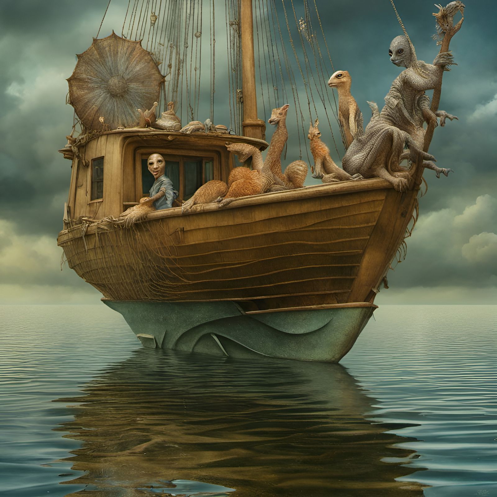 Smiling Alien People and Pets on Powerboats