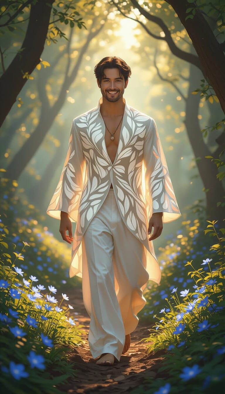 Man's Luminous Walk in Enchanted Forest