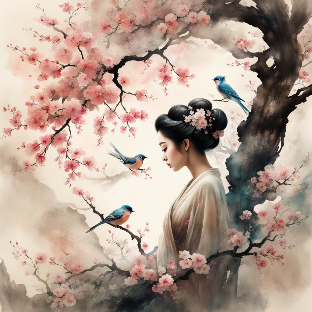 Goddess with Blossoms and Birds in Chinese Ink Style