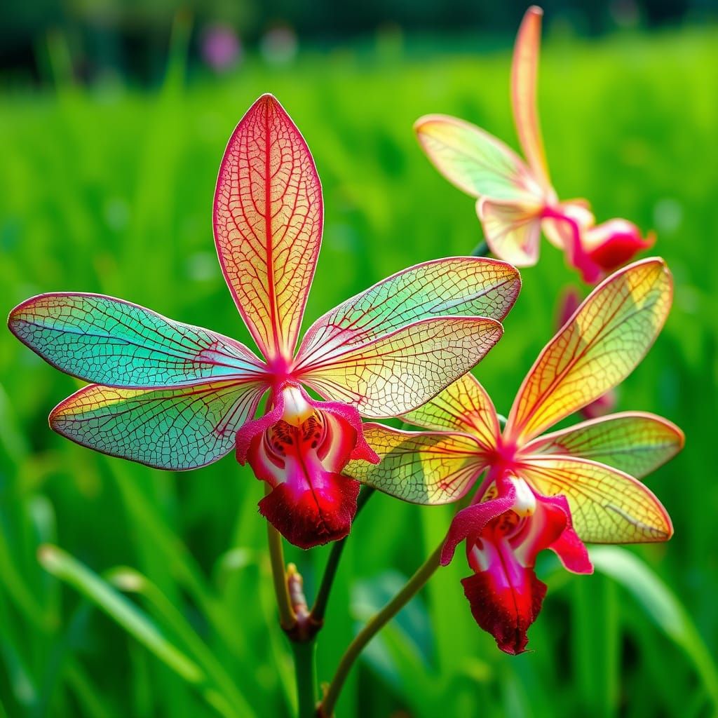 A field of Mesmerizing Exotic Dragonfly Orchids with intricate, dragonfly-like petals in vibrant shades of teal, pink, a...