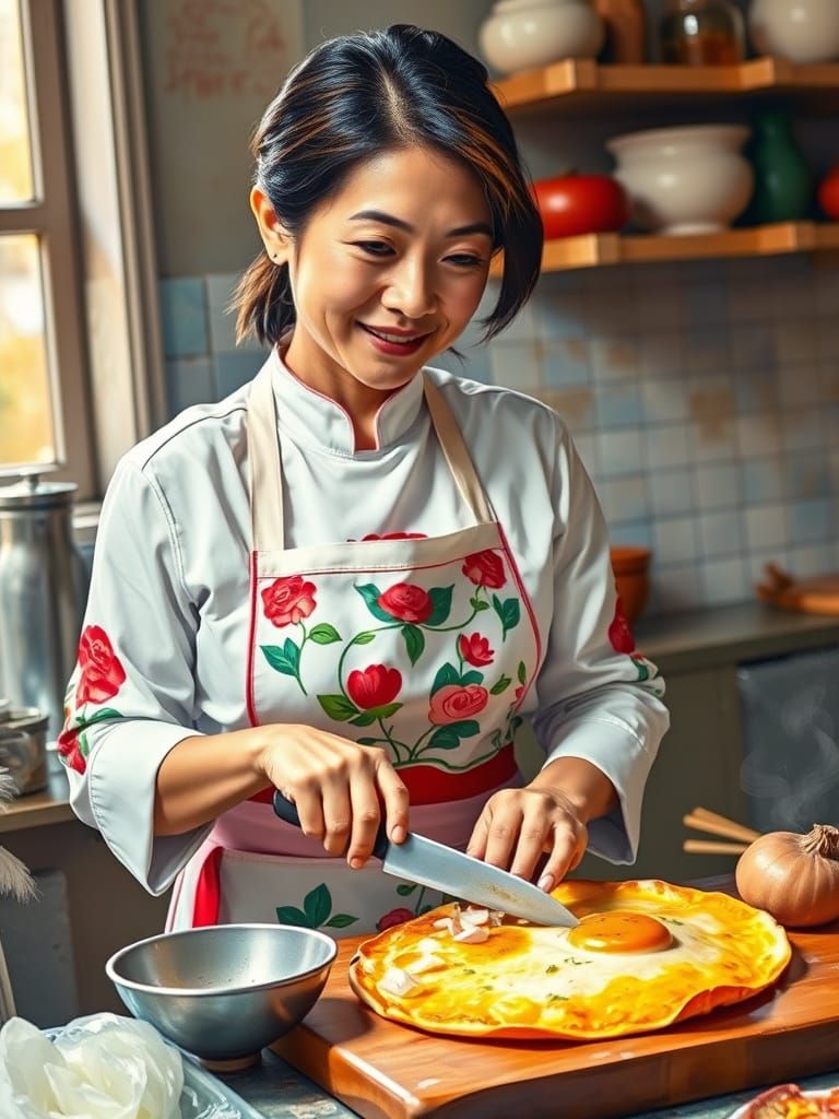 Asian Chef Preparing Omelette with Onions in Vivid Impressio...