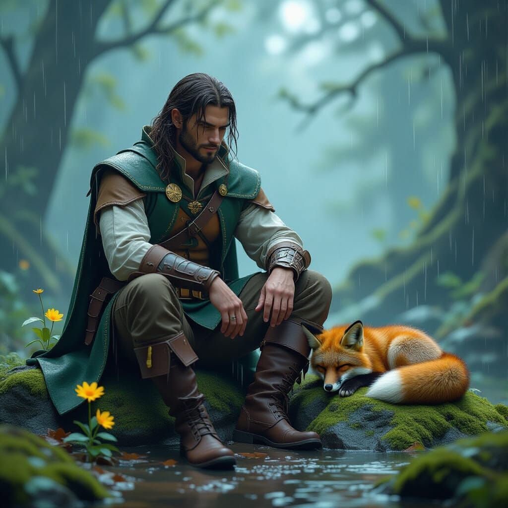 Ranger and Fox in Rainy Landscape, Watercolor Style