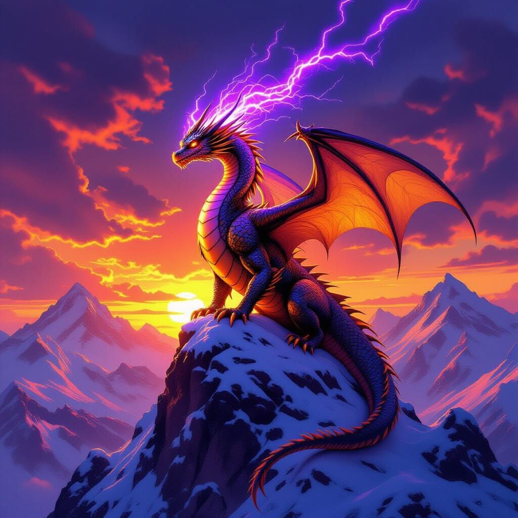 Majestic Gold Dragon Aura on Snowy Mountain At Sunset