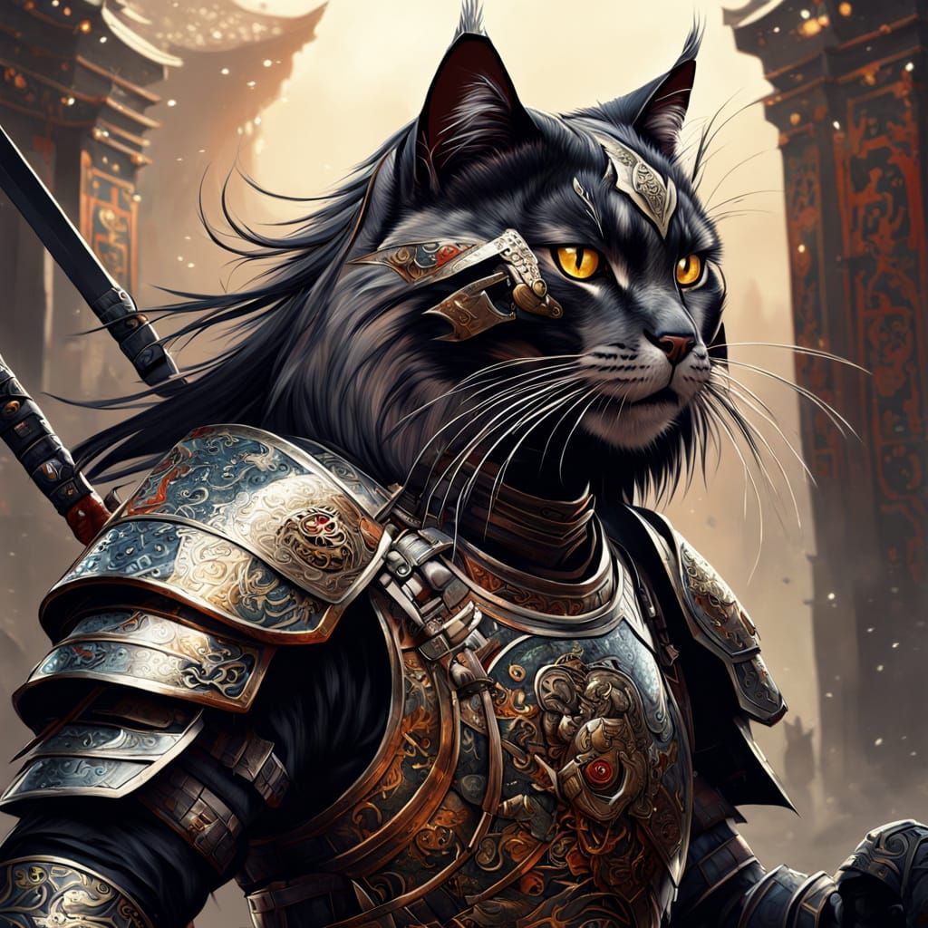 Samurai Cat Warrior in Digital Art Nouveau Style