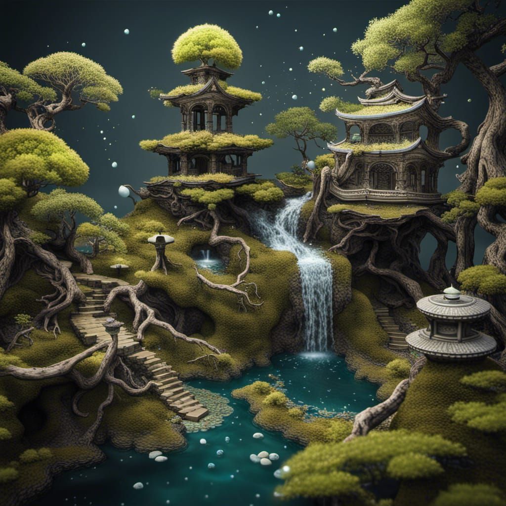 Japanese Fractal Garden with Bonsai and Waterfalls