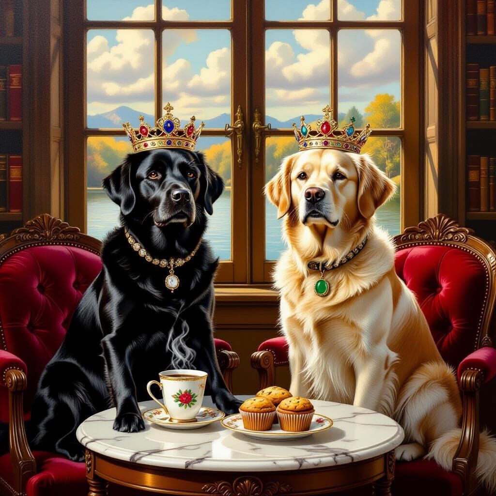 Regal Retrievers in Crowned Oil Painting Style