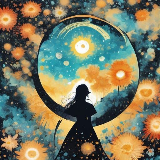 Woman in Sunny Field with Abstract Colors