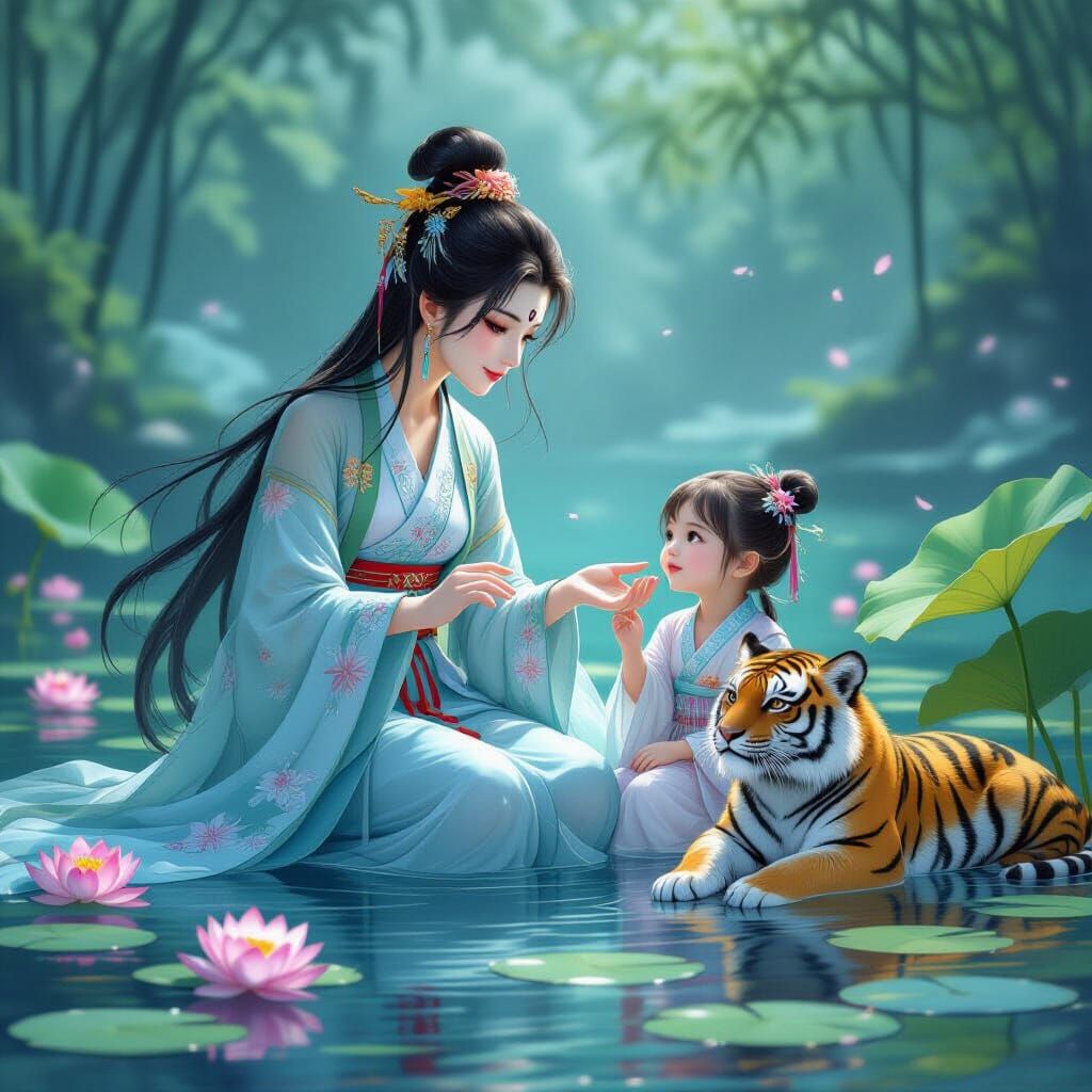 Mythological Water Spirit Playing with Girl and Tiger