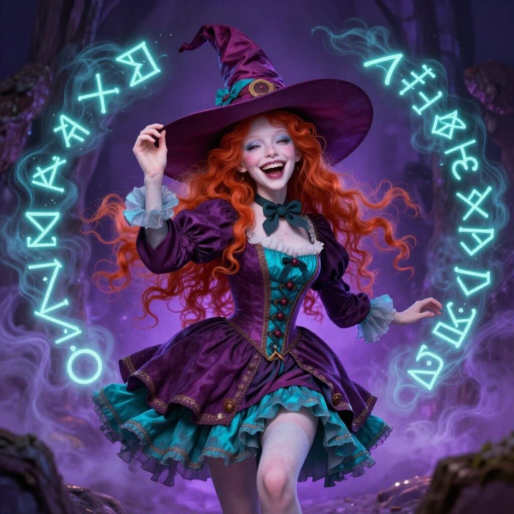 Whimsical Witch with Glowing Runes in Fantasy Art Style