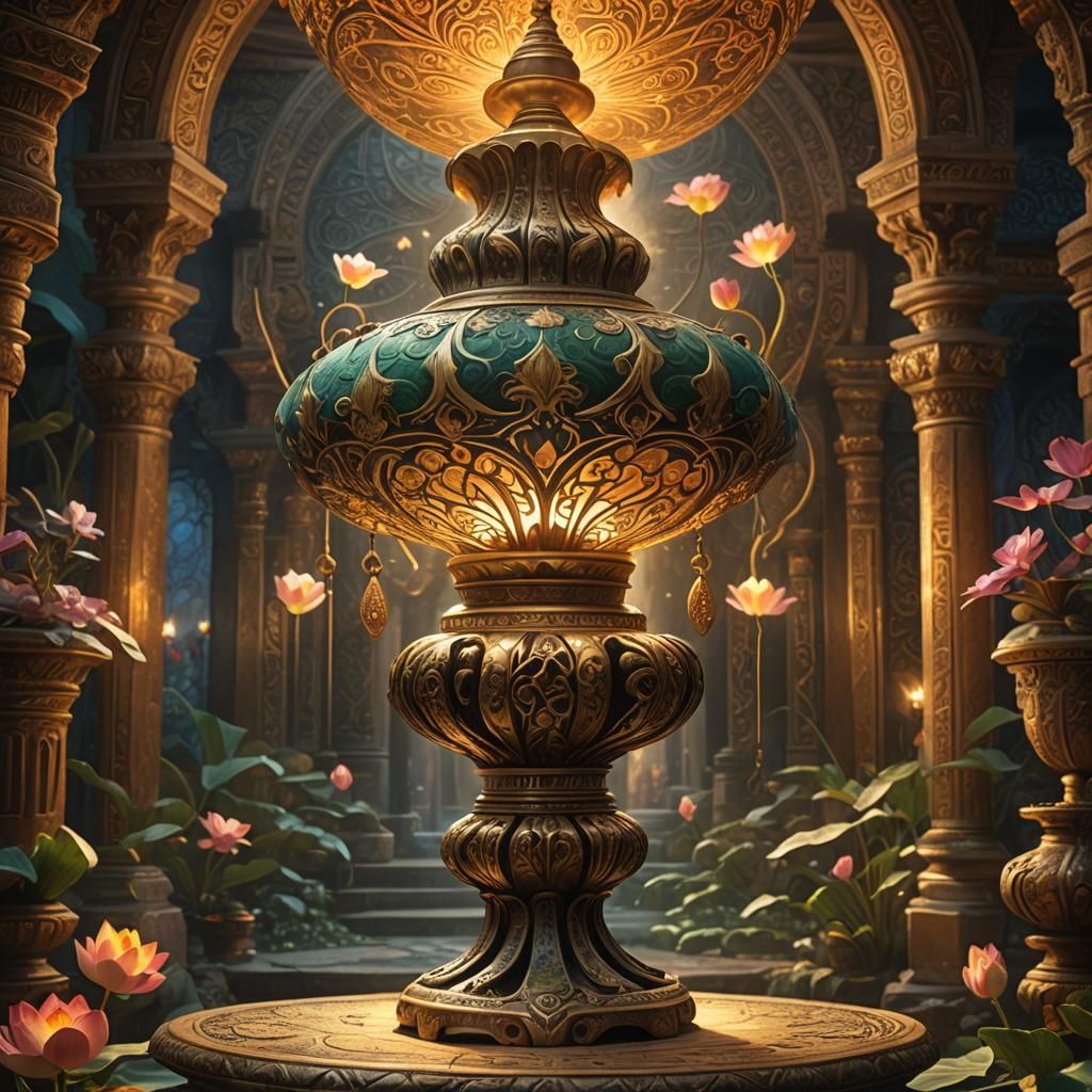Lotus Lamp on Pedestal in Fantasy Oil Painting Style