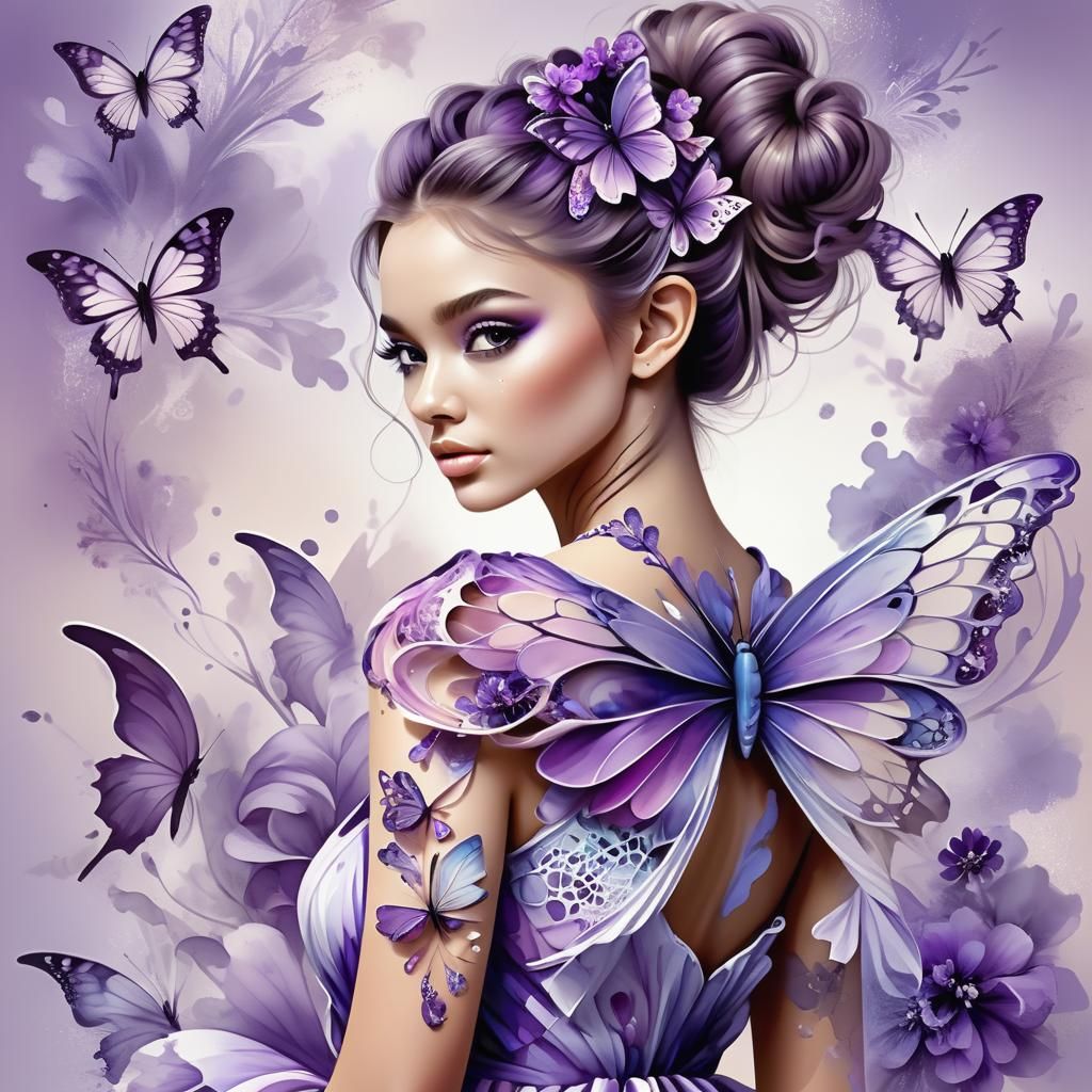 Girl with Purple Butterfly: Abstract Fractal Portrait