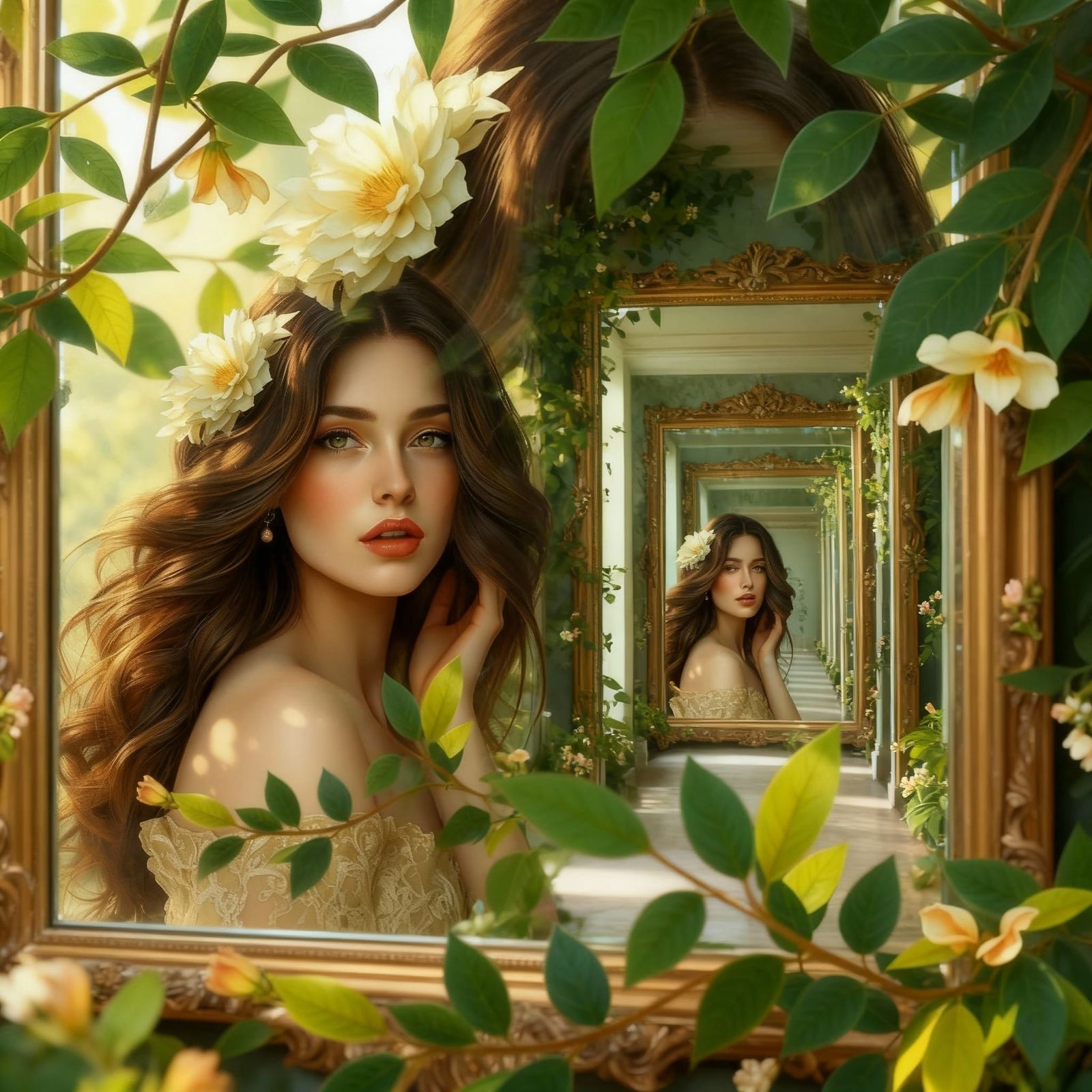 Photorealistic Woman in Infinite Mirror Reflection Hallway