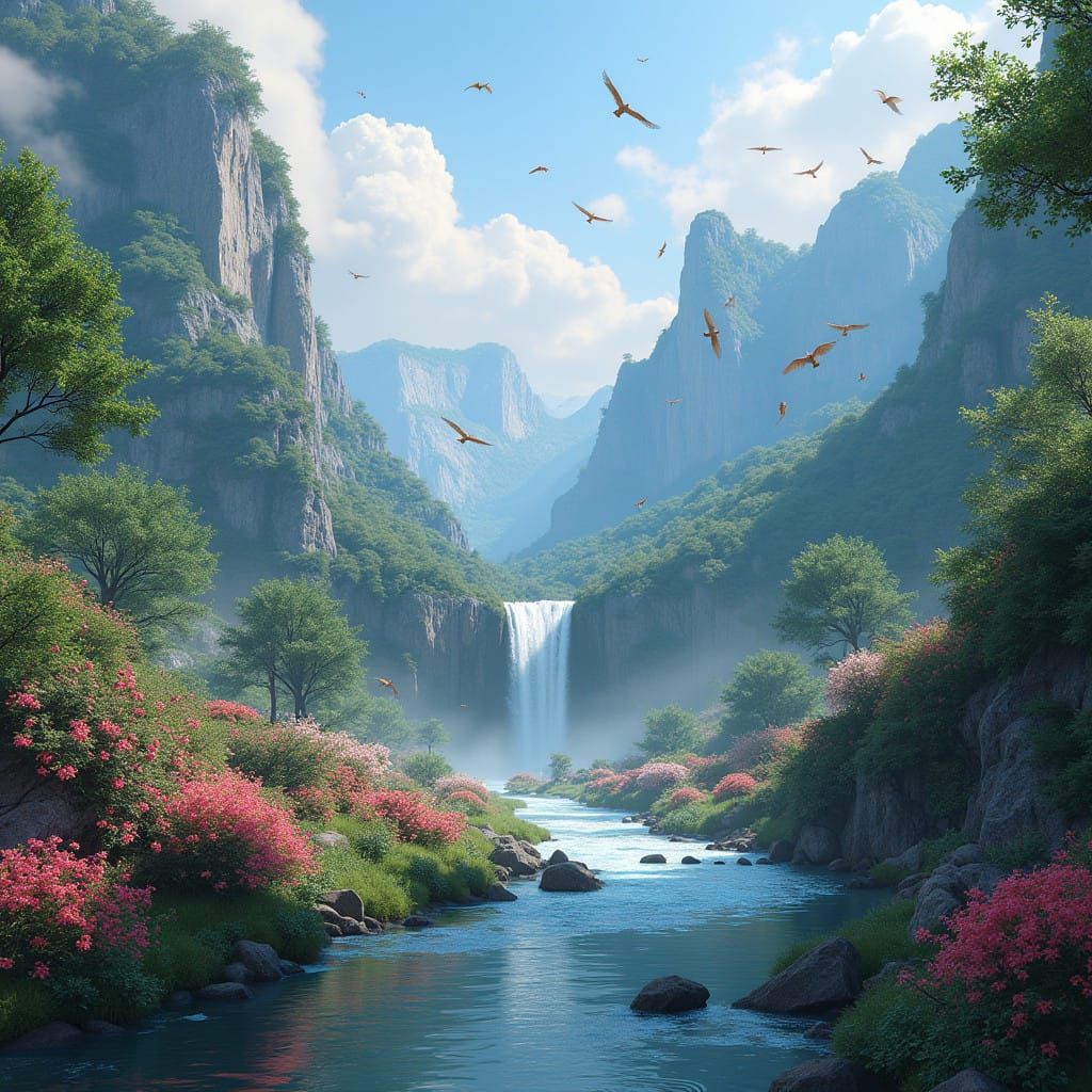 Hyperrealistic Mountain Paradise with Flying Blooms and Melo...