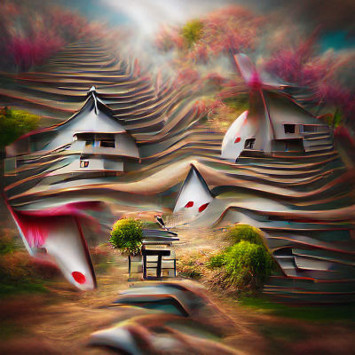Surreal Japanese Village Hillside Digital Illustration