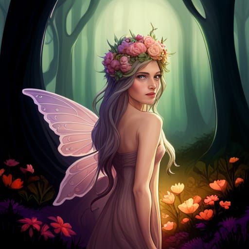 Elegant Fairy in Enchanted Woodland, Art Nouveau Style