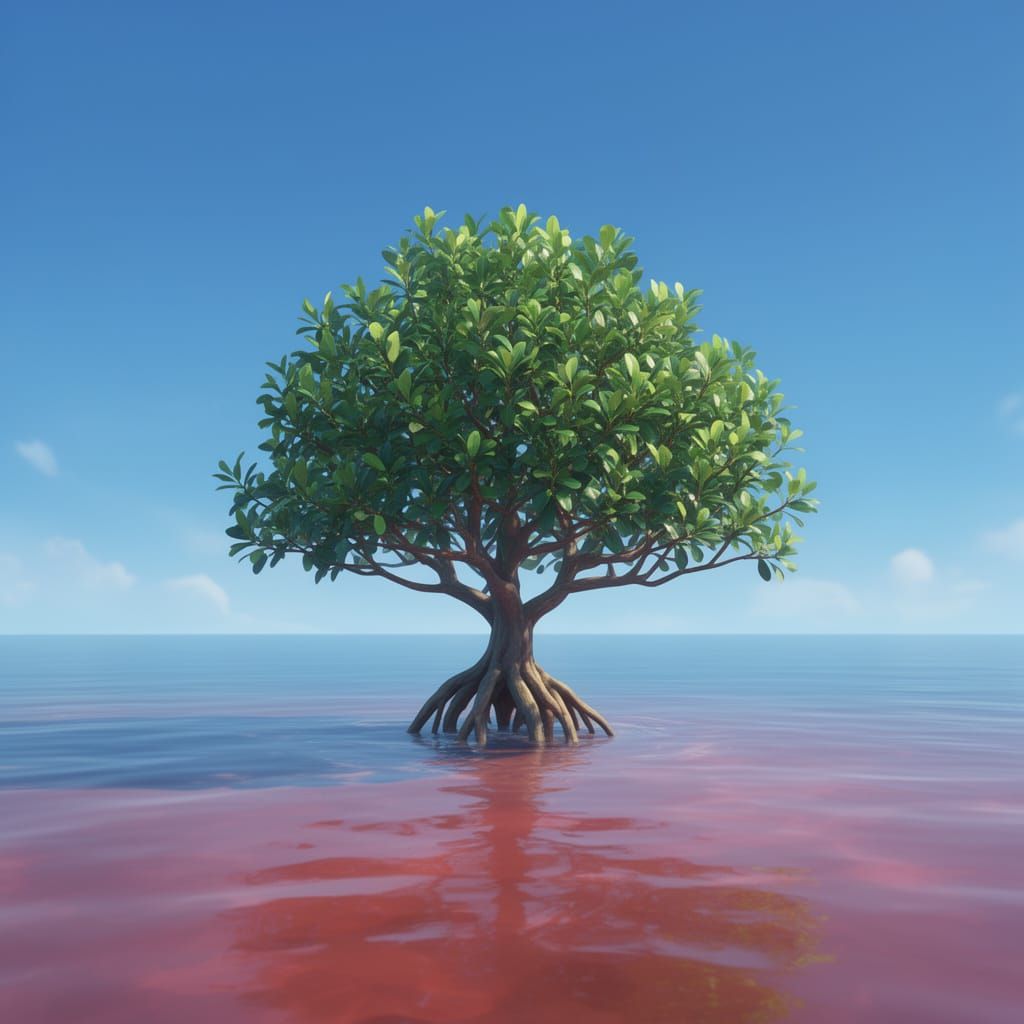 Solitary Mangrove Tree in Red Water, 3D Anime Art