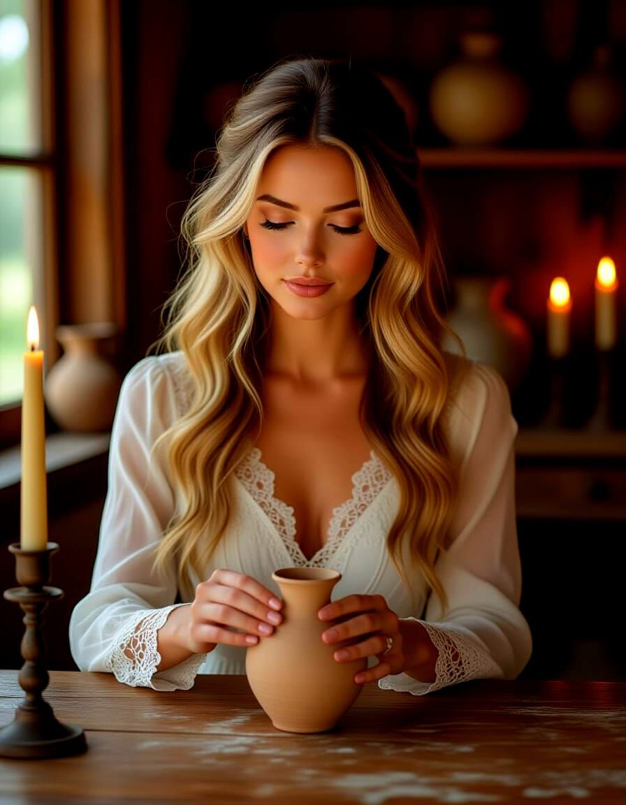 Woman Creating Clay Vase in Candlelit Room