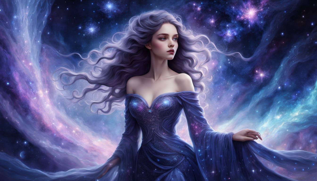Ethereal Woman Gazes at Swirling Nebula in Galactic Art Styl...
