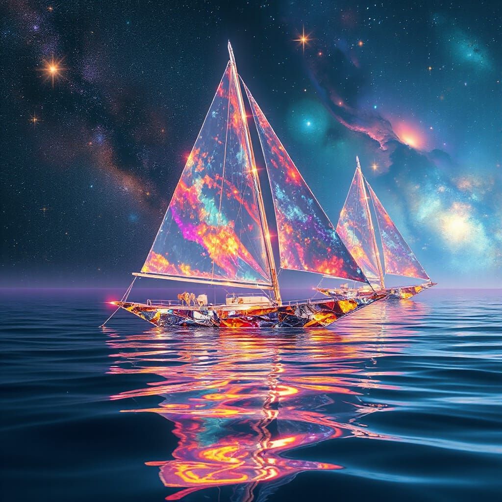 Crystal Sailboat on Starry Sea in Surreal Style