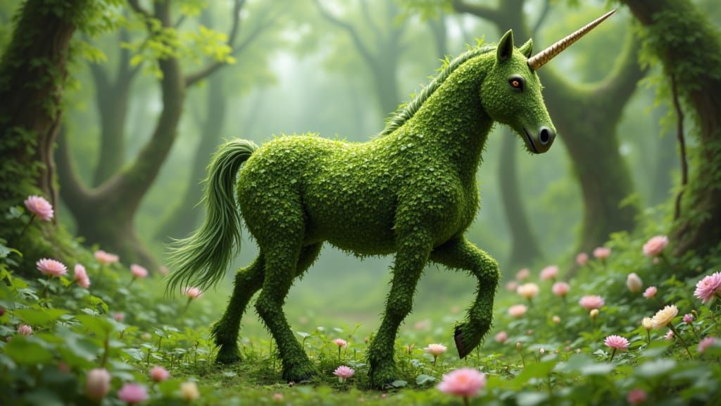 Stylized Unicorn Sculpture Covered in Lush Greenery