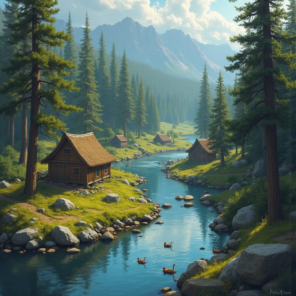 Idyllic Village at the Rivers' Confluence