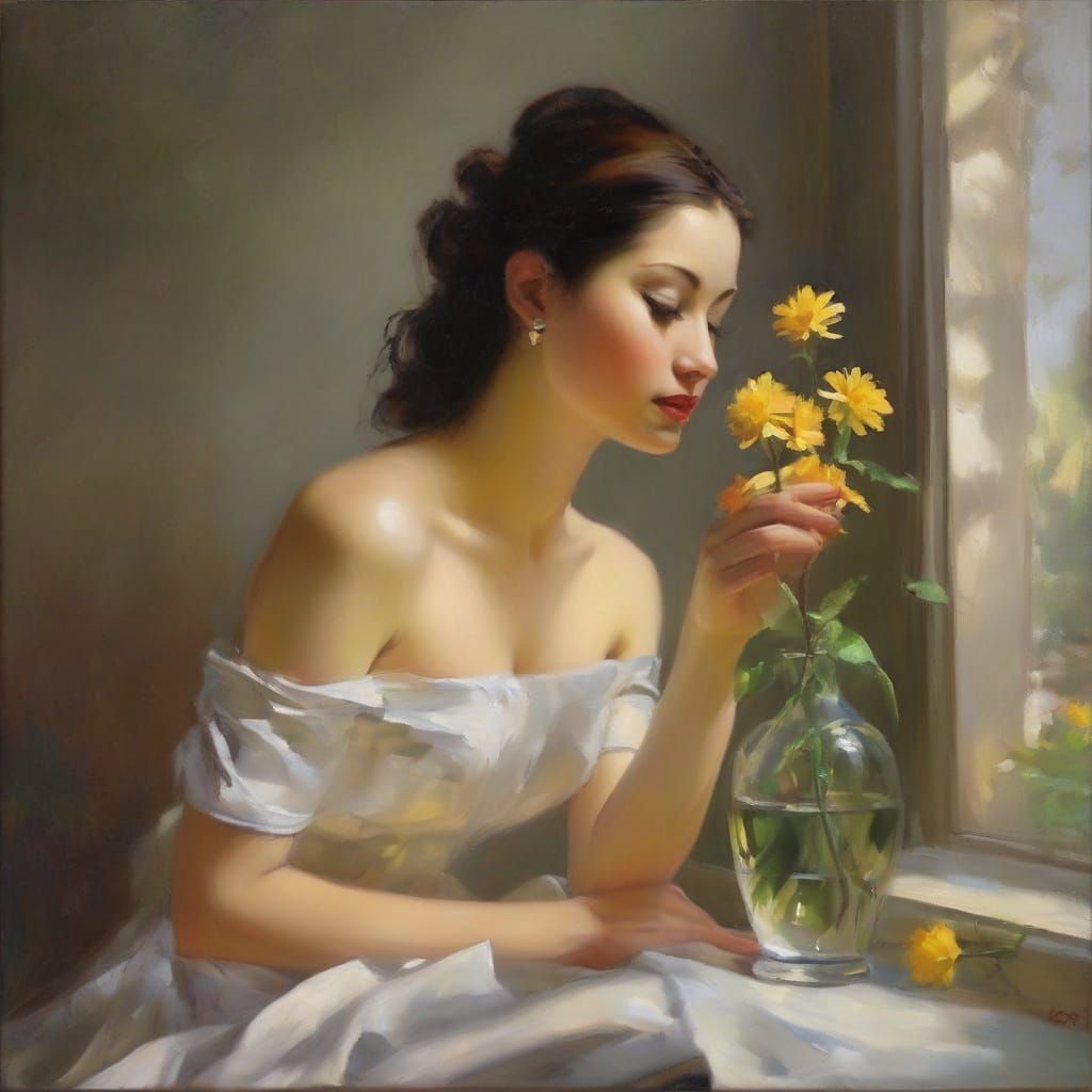 Person Smelling Flowers as Oil Painting