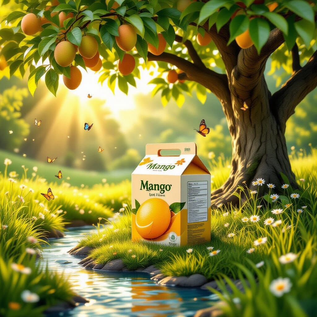 Hyperrealistic Mango Juice Under Golden Sunrays