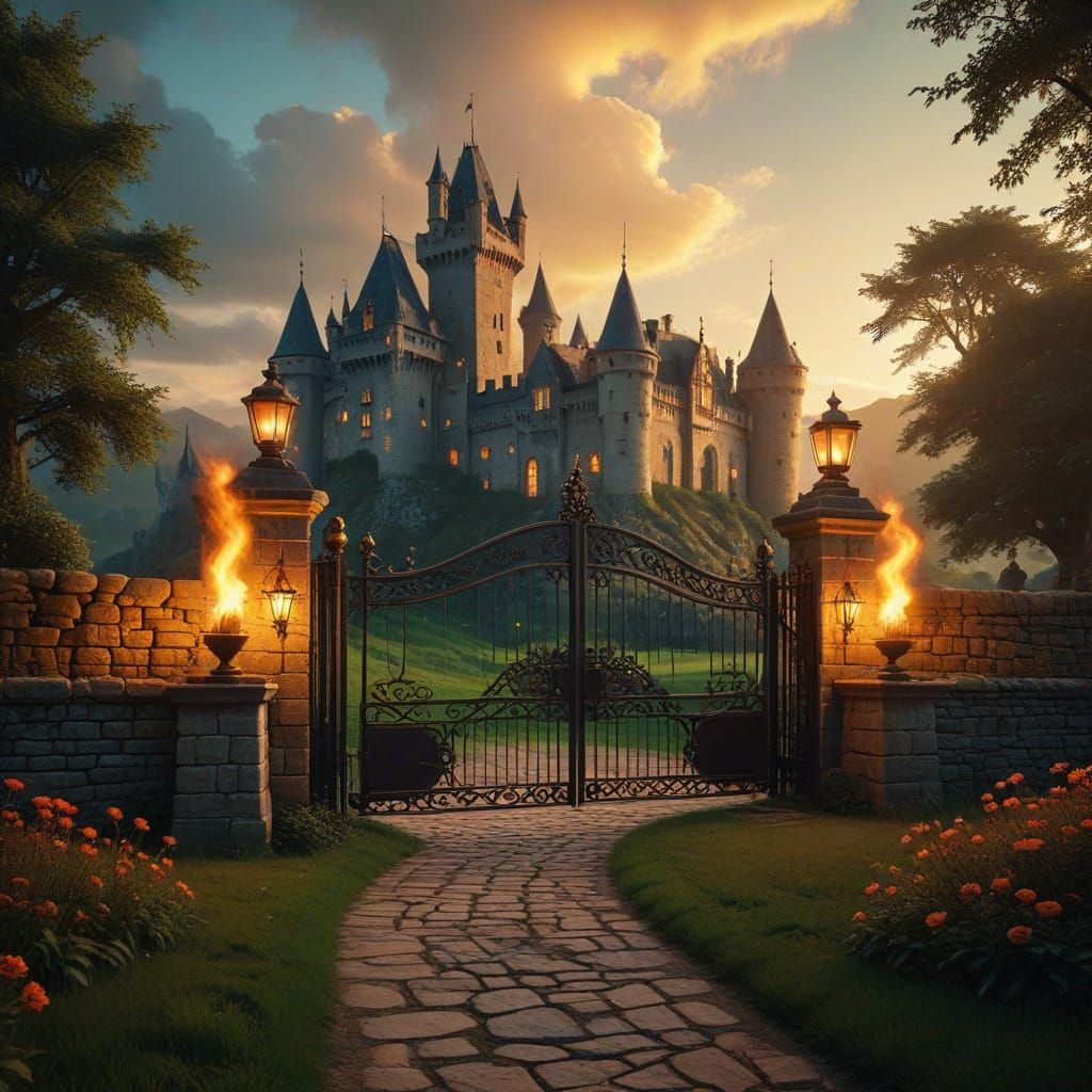 Medieval Castle with Ornate Gates in Golden Hour