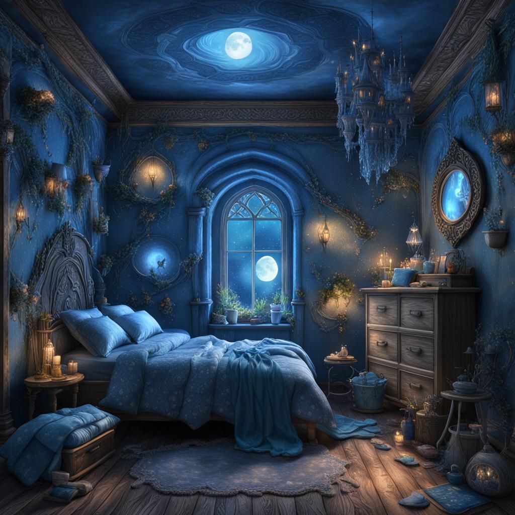 Blue Fairycore Room with Magical Fairies: Digital Art